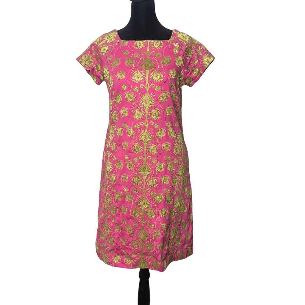 BOHO Folk Embroidered Square‎ Neck Shift Dress 2 Embroidered Dopamine Pink Green